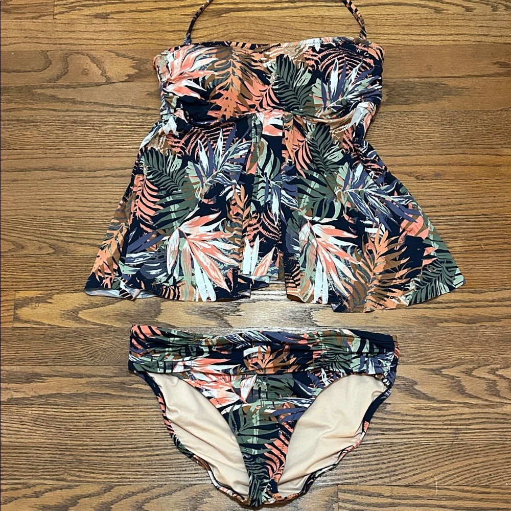 Garnet Hill Ruched Tankini Swimsuit Women’s 8 Tropical Palm Leaves Two Piece